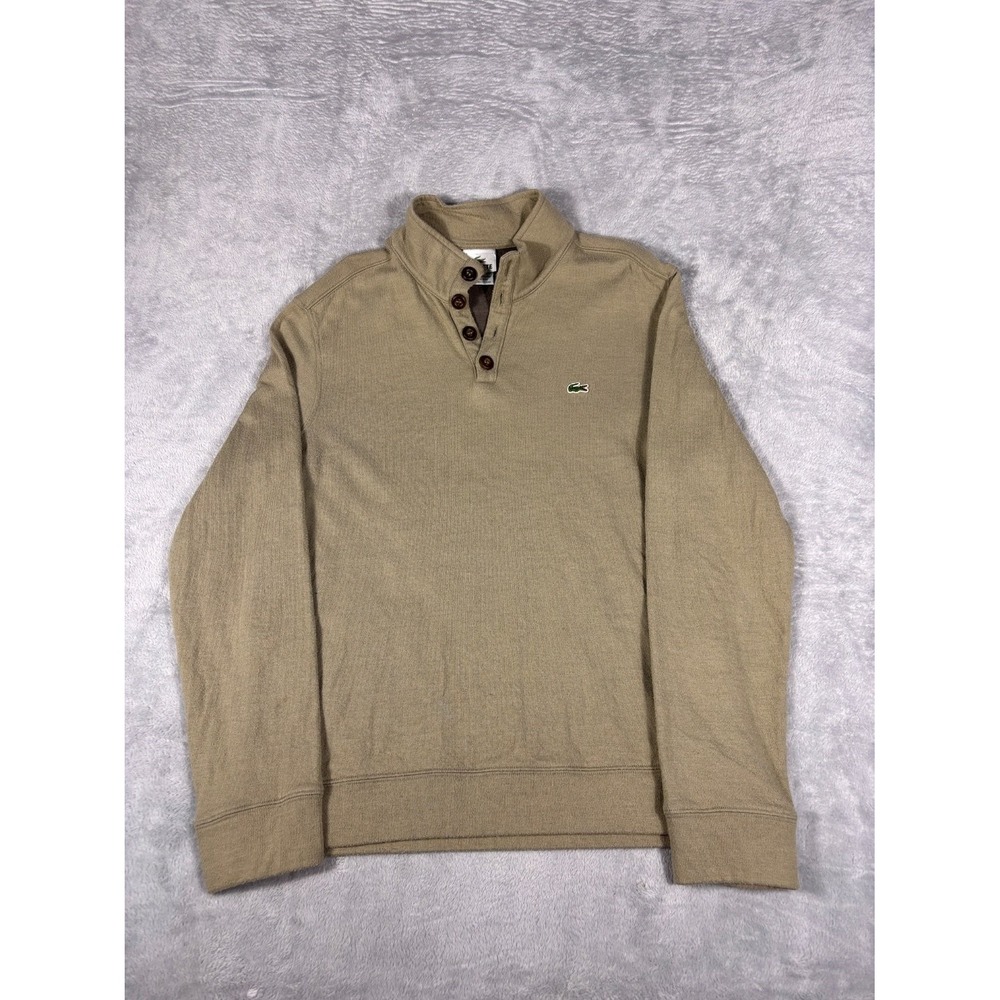 Lacoste Sweater Mens Size 4 Beige Mock Neck Long Sleeve Quarter Button